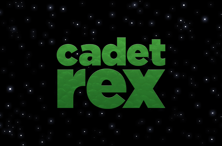 Green 3D text saying 'cadet rex' against a black background with white star-like dots.