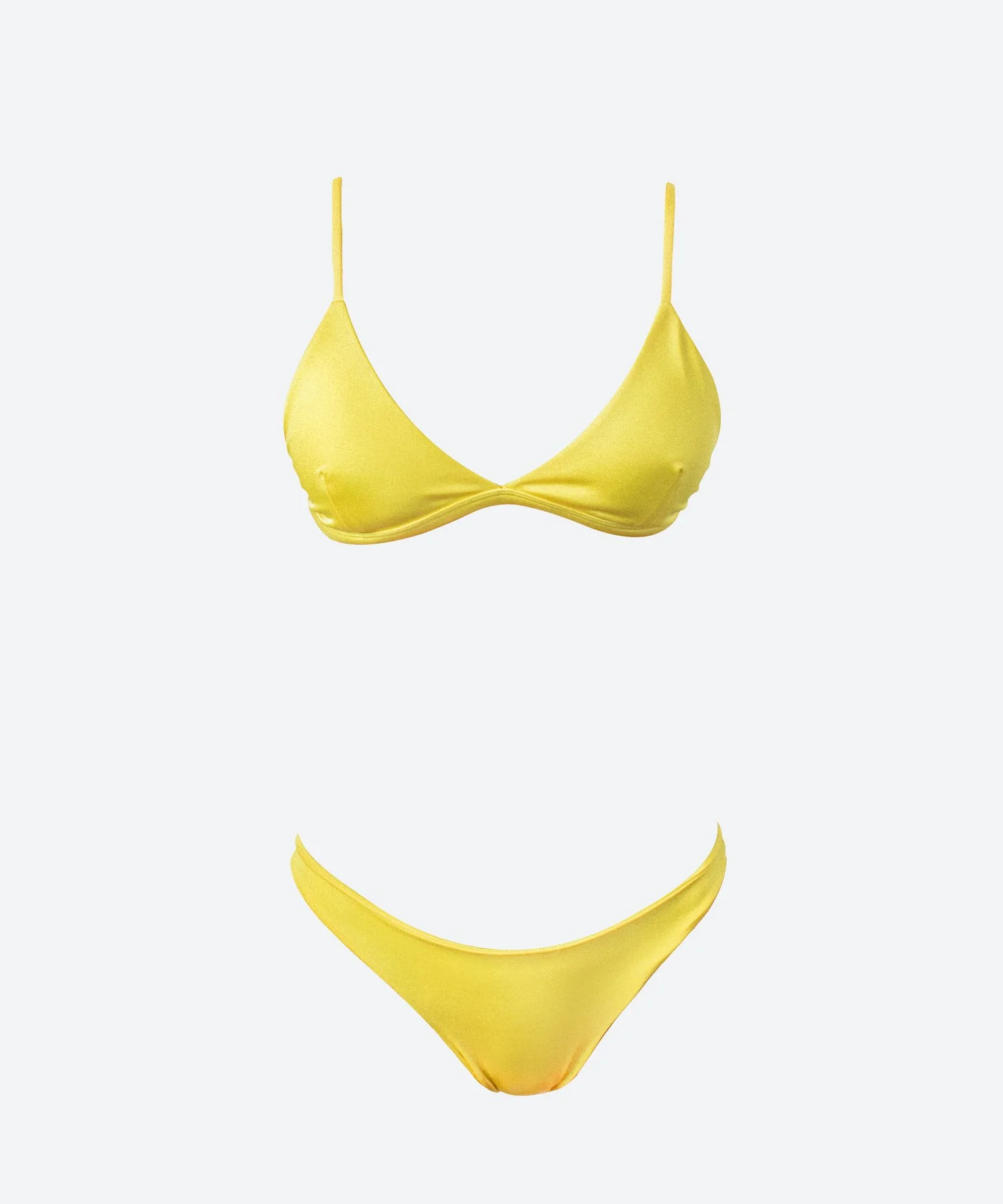 Yellow bikini top and bottom on a plain background.